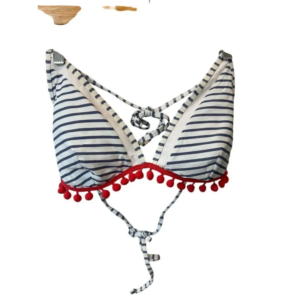 Cocoshop Nautical Striped Bikini Top‎ with Red Pom Pom Trim Swimwear XL - Picture 2 of 5